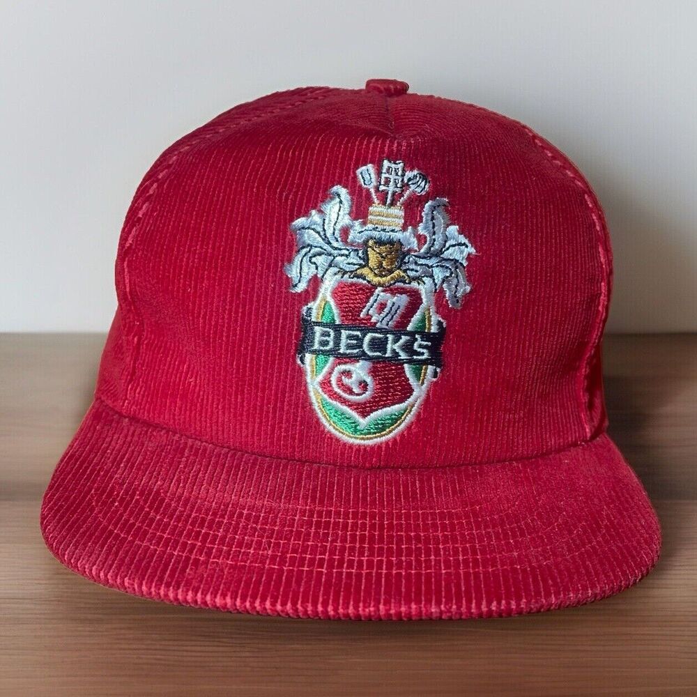 Vintage Beck's German Pilsner Red Corduroy Snapback Hat Cap 1980's Beer USA